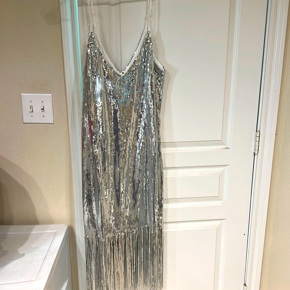 Silver Sequin Bustier Tassel MIDI Dress by Boohoo.